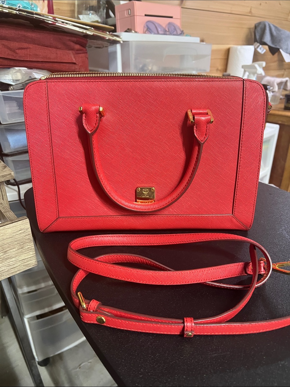 MCM First Lady Saffiano Leather 2-Way Satchel Red
